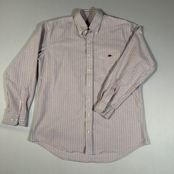 Perlis Crawfish Oxford Dress Shirt Stripe Button Down Logo Long Sleeve Casual Md - Picture 1 of 12